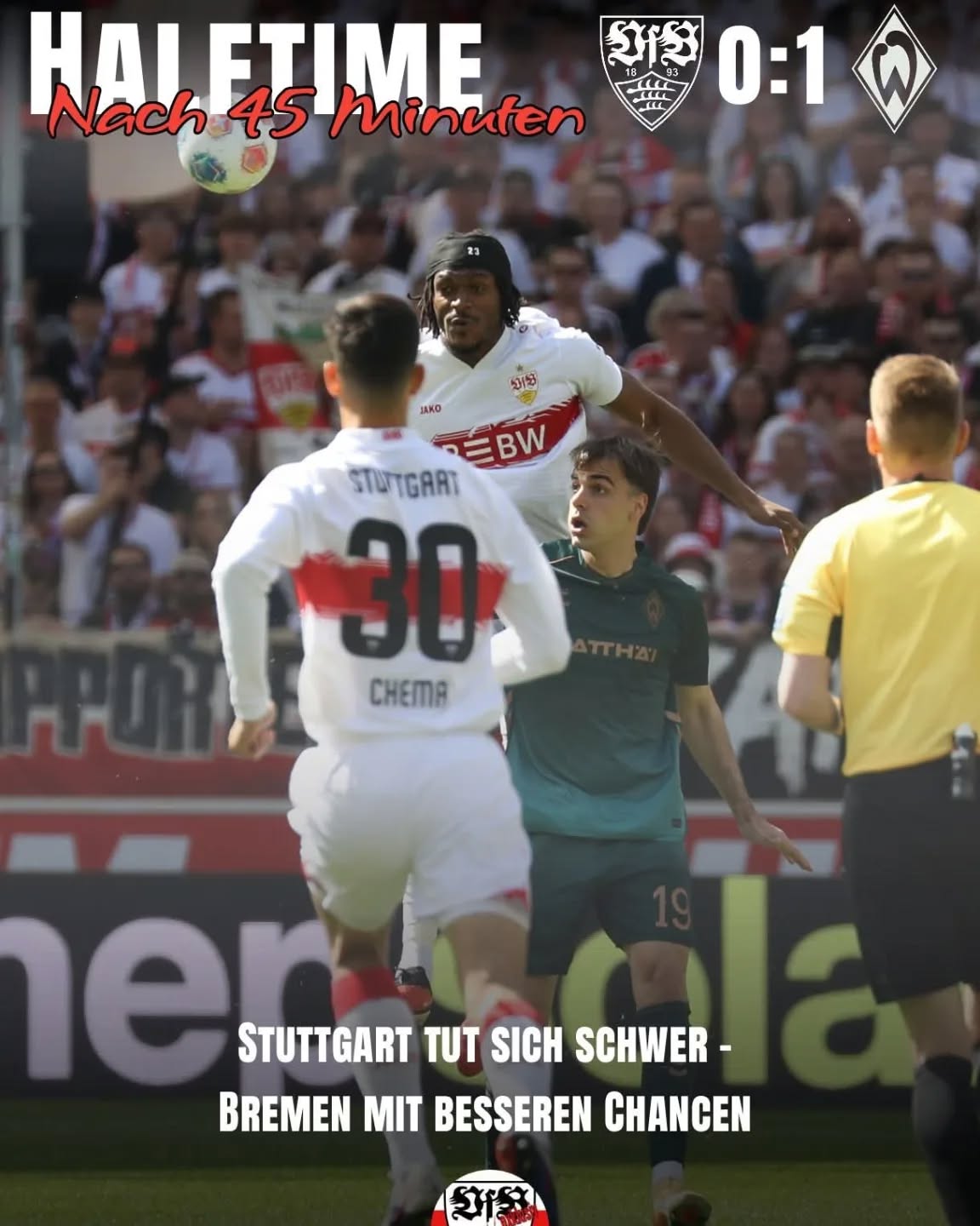 Halbzeit in Stuttgart 0:1. Trotz einiger Wechsel in der Startelf, scheint es so, als seien bei den Schwaben die Beine noch schwer. Es läuft nicht viel zusammen, macht es Leihspieler Milosevic besser, steht es 2:0 für die Gäste. So ist im zweiten Durchgang noch alles drin.