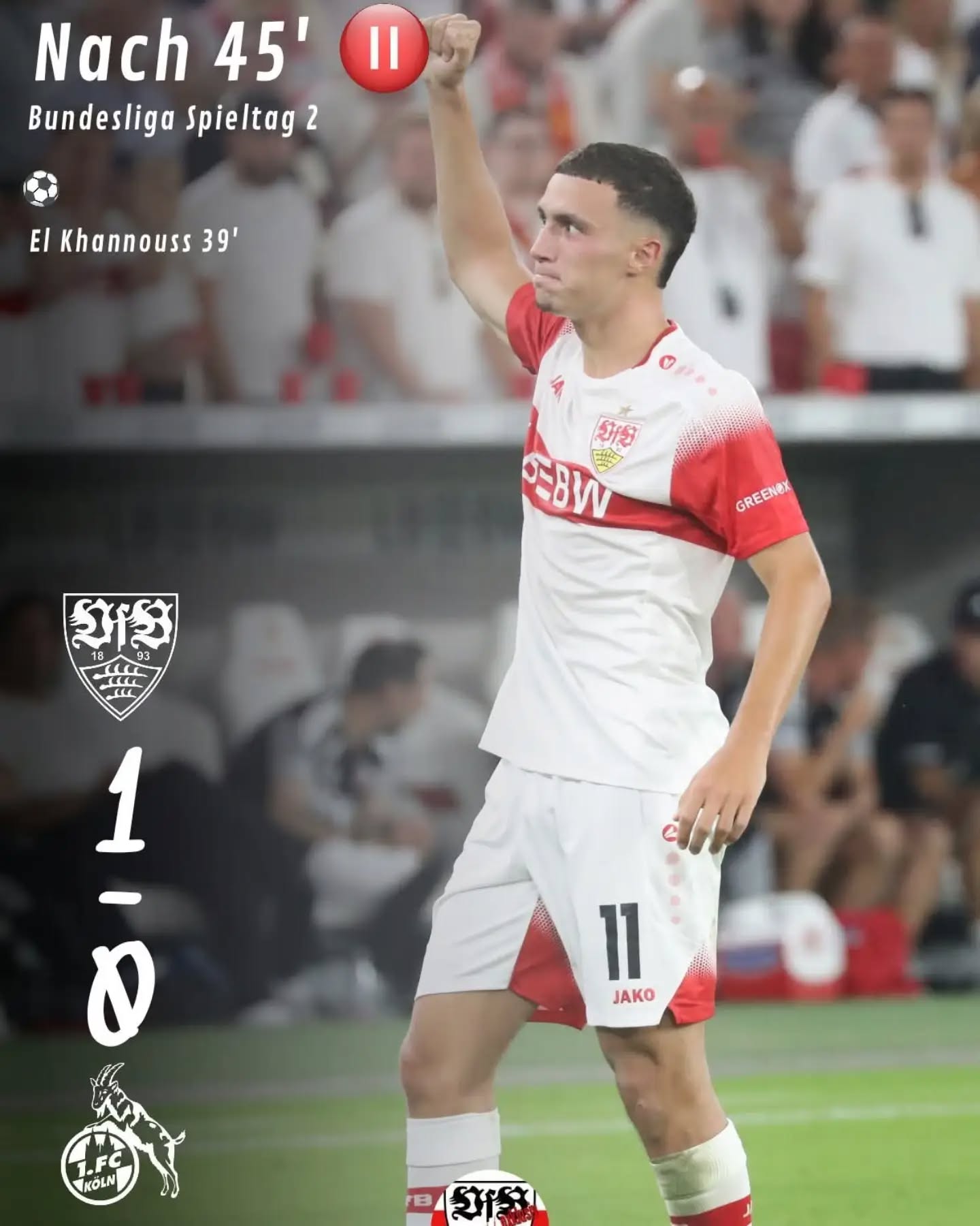 Halbzeit in Stuttgart 1:0. Der VfB ist die spielbestimmende Mannschaft, hatte große Chancen. Eine Einzelleistung von Bilal El Khannouss brachte schließlich die verdiente Führung.