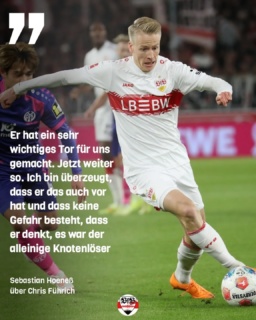 Trainer Hoeneß über den 1:1-Torschützen Chris Führich: "Es ist kein Zufall. Chris ist mit den Wochen überragend umgegangen mit gewissen Entscheidungen und seinen Leistungen. Er ist ein Beispiel für andere, wie man mit solchen Phasen umgehen kann. Er hat ein sehr wichtiges Tor für uns gemacht. Jetzt weiter so. Ich bin überzeugt, dass er das auch vor hat und dass keine Gefahr besteht, dass er denkt, es war der alleinige Knotenlöser."