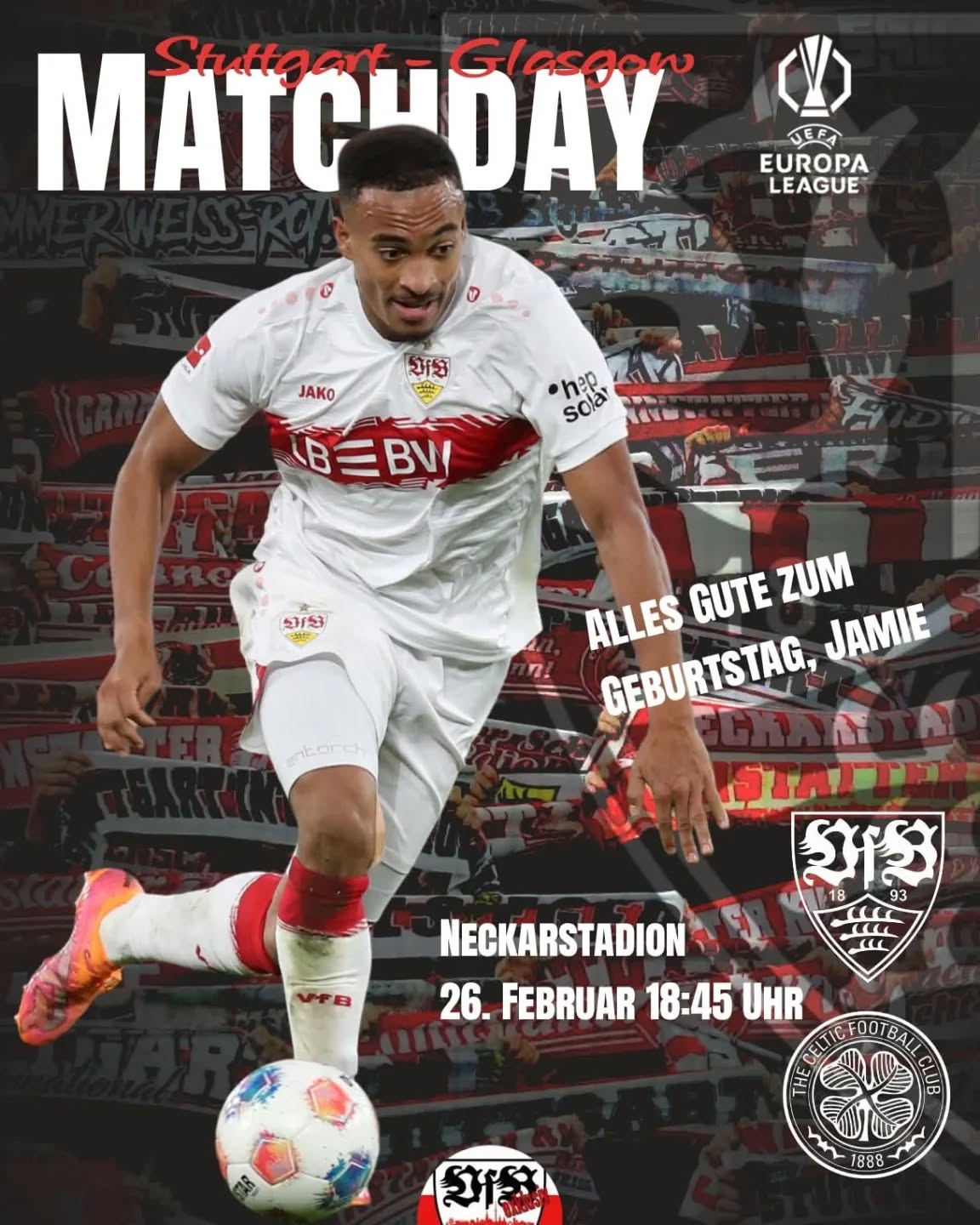 Jamie Leweling feiert heute seinen 2️⃣5️⃣. Geburtstag. Alles Gute!
Liebe VfB-Fans, an Jamies Geburtstag steigt am Abend das Rückspiel der Play-Offs gegen Celtic Glasgow. Der VfB geht aus dem Hinspiel mit einem 4:1 Vorsprung in den zweiten Teil der Runde. Keine Frage, bei so einem Hinspiel-Ergebnis sollte daheim nicht mehr viel anbrennen. Aber auch die größte Führung, kann noch eingeholt werden. Hoffen wir auf ein gutes Spiel des VfB. Wenn die Leistung stimmt, wird es auch fürs Achtelfinale reichen. Bis später und allen viel Spaß beim Spiel, ob im Stadion oder vor dem TV