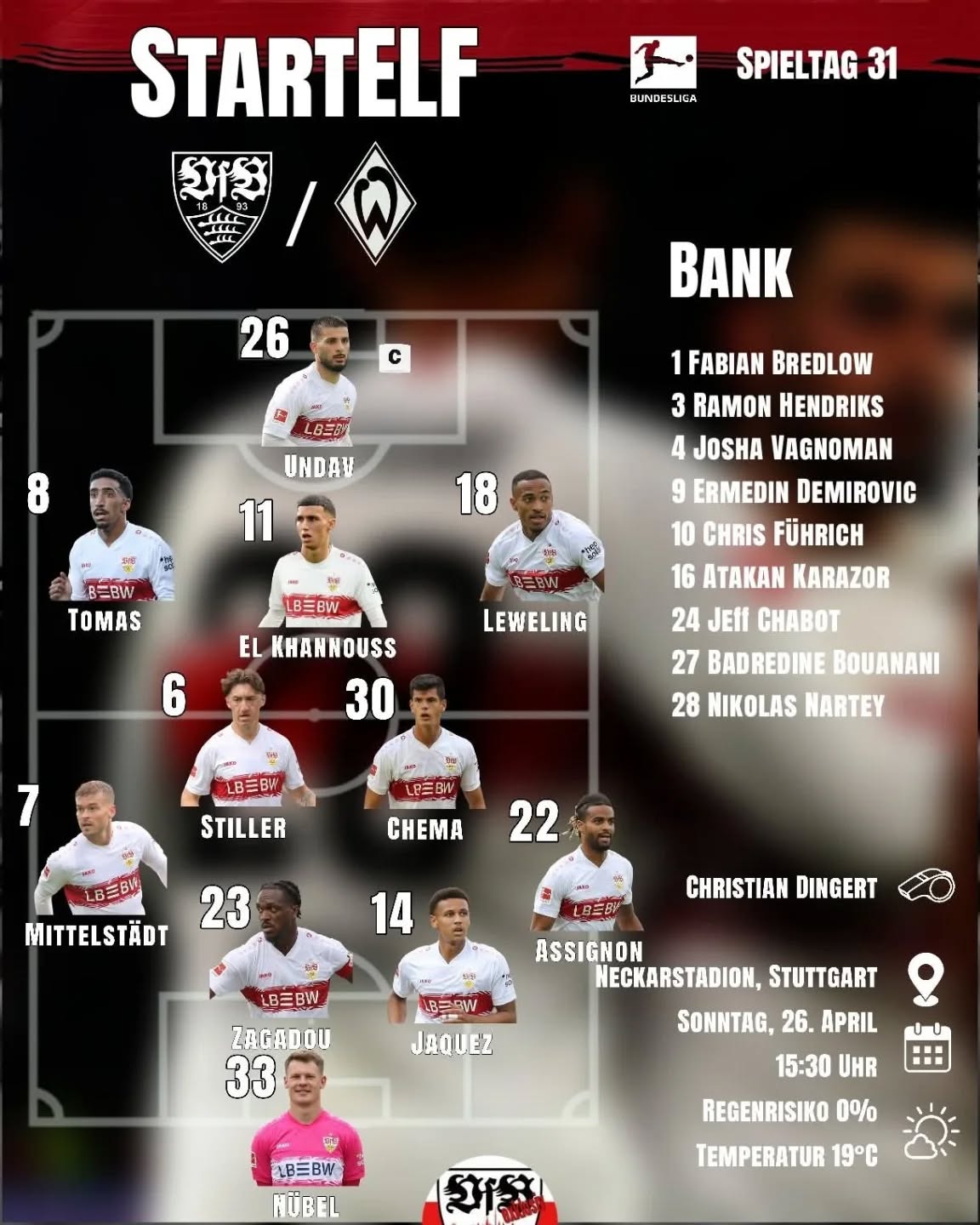 Die Startelf gegen Bremen