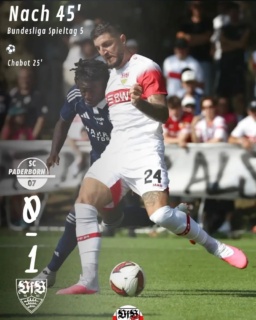 Halbzeit in Paderborn 1:0. Der VfB beginnt stark und hat gute Chancen. Undav prüft den Keeper, Leweling trifft den Pfosten. Chabot köpft schließlich das 1:0. Danach überließ Stuttgart dem Gegner vielleicht ein wenig zu sehr das Spiel.