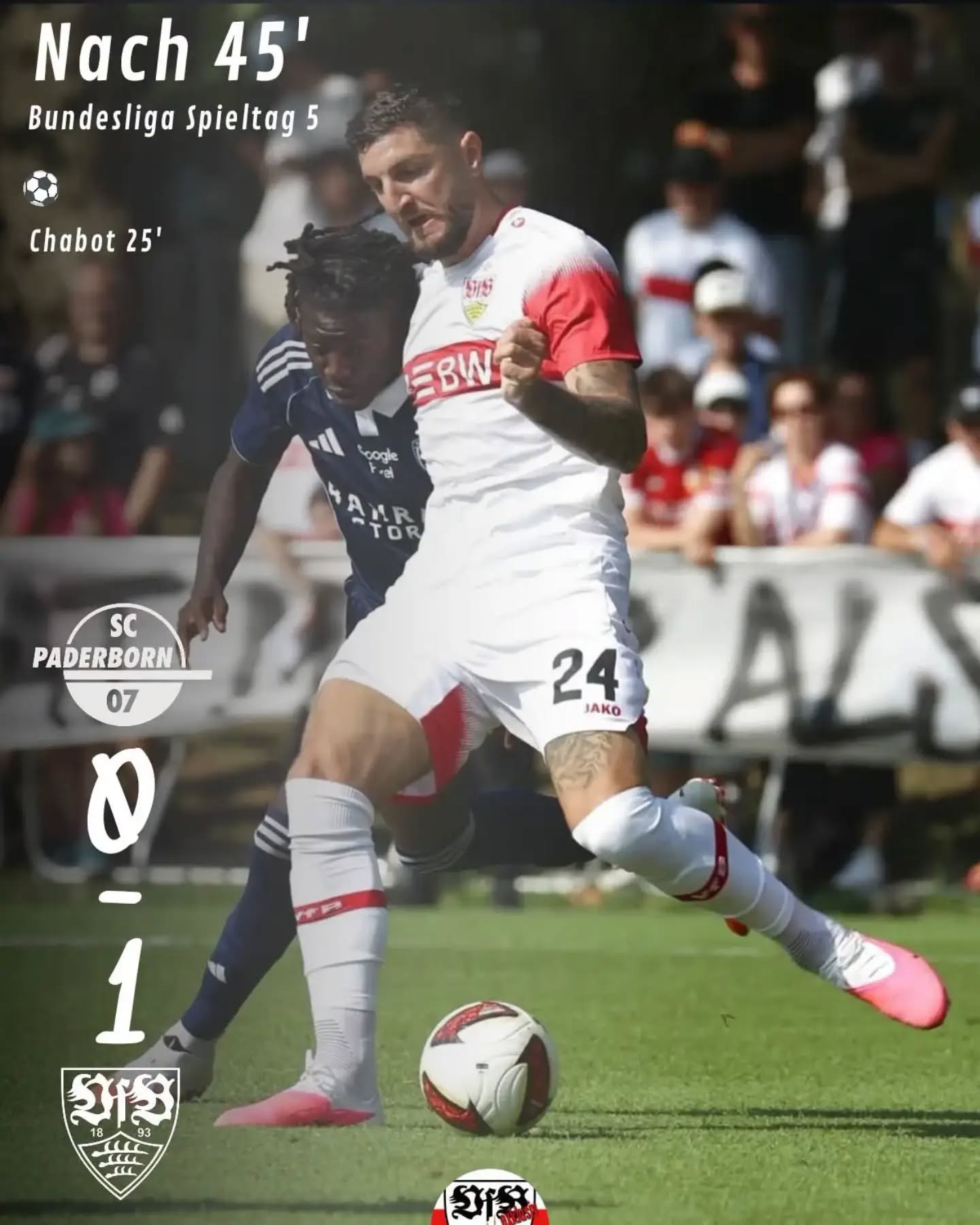 Halbzeit in Paderborn 1:0. Der VfB beginnt stark und hat gute Chancen. Undav prüft den Keeper, Leweling trifft den Pfosten. Chabot köpft schließlich das 1:0. Danach überließ Stuttgart dem Gegner vielleicht ein wenig zu sehr das Spiel.