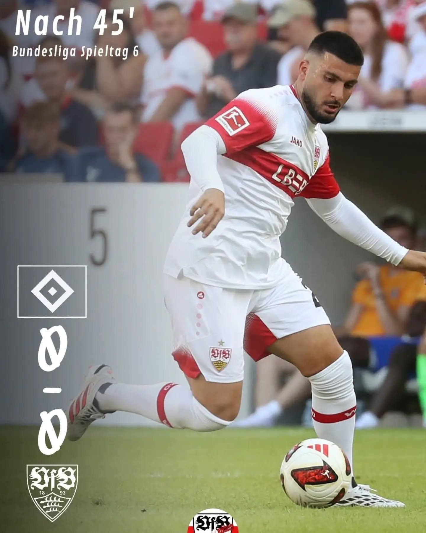 Halbzeit in Hamburg 0:0. Der VfB beginnt stark, macht das Spiel und hat Chancen. Deniz Undav mit seinem Pfostentreffer, hatte die Führung auf dem Fuß.