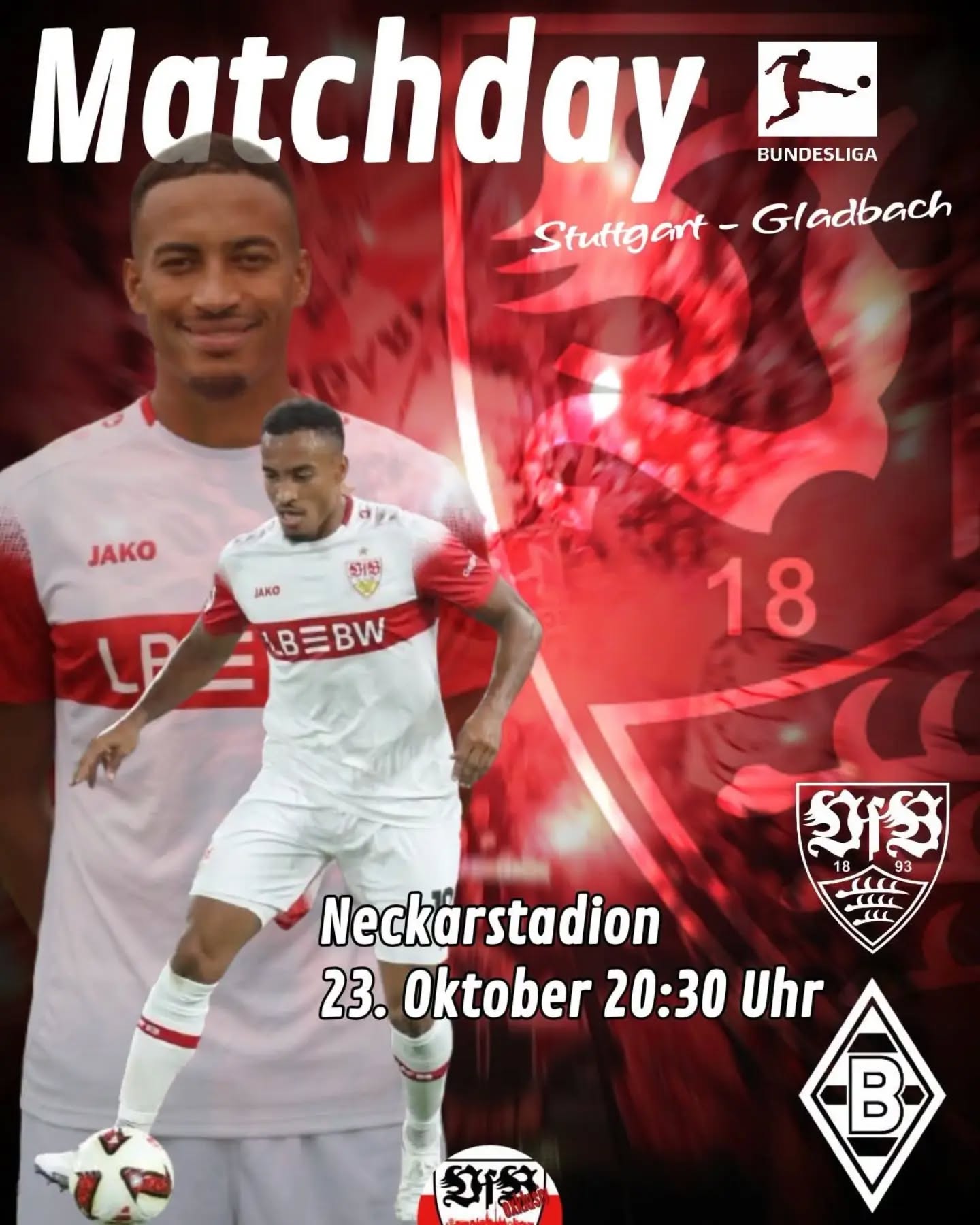 Liebe VfB-Fans, nach dem starken Auftritt mit einem hochverdienten Punkt gegen Atletico, steht das zweite Heimspiel der Woche dieses Mal in der Bundesliga an.
Die Messlatte was das spielerische betrifft, ist gesetzt. Ruft man nochmal so ne Leistung ab, sind bei allem Respekt vor Gladbach, drei Punkte Pflicht.
