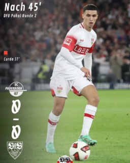 Halbzeit in Paderborn 0:0. Der VfB beginnt verunsichert, weit weg vom Gegenspieler und lässt einige Chancen von Paderborn zu. Nach ner halben Stunde ist man besser im Spiel und nach der Roten Karte an El Khannouss ist man das bessere Team. Mittelstädt scheitert an der Latte.